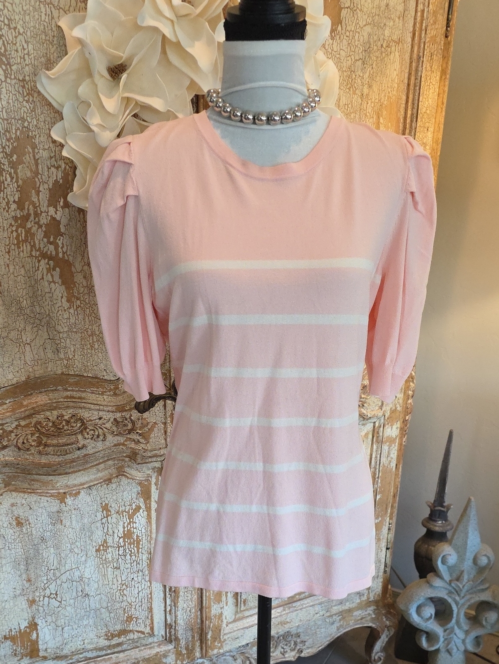 Anne Klein Pink and White Striped Short Sleeve Puff Top